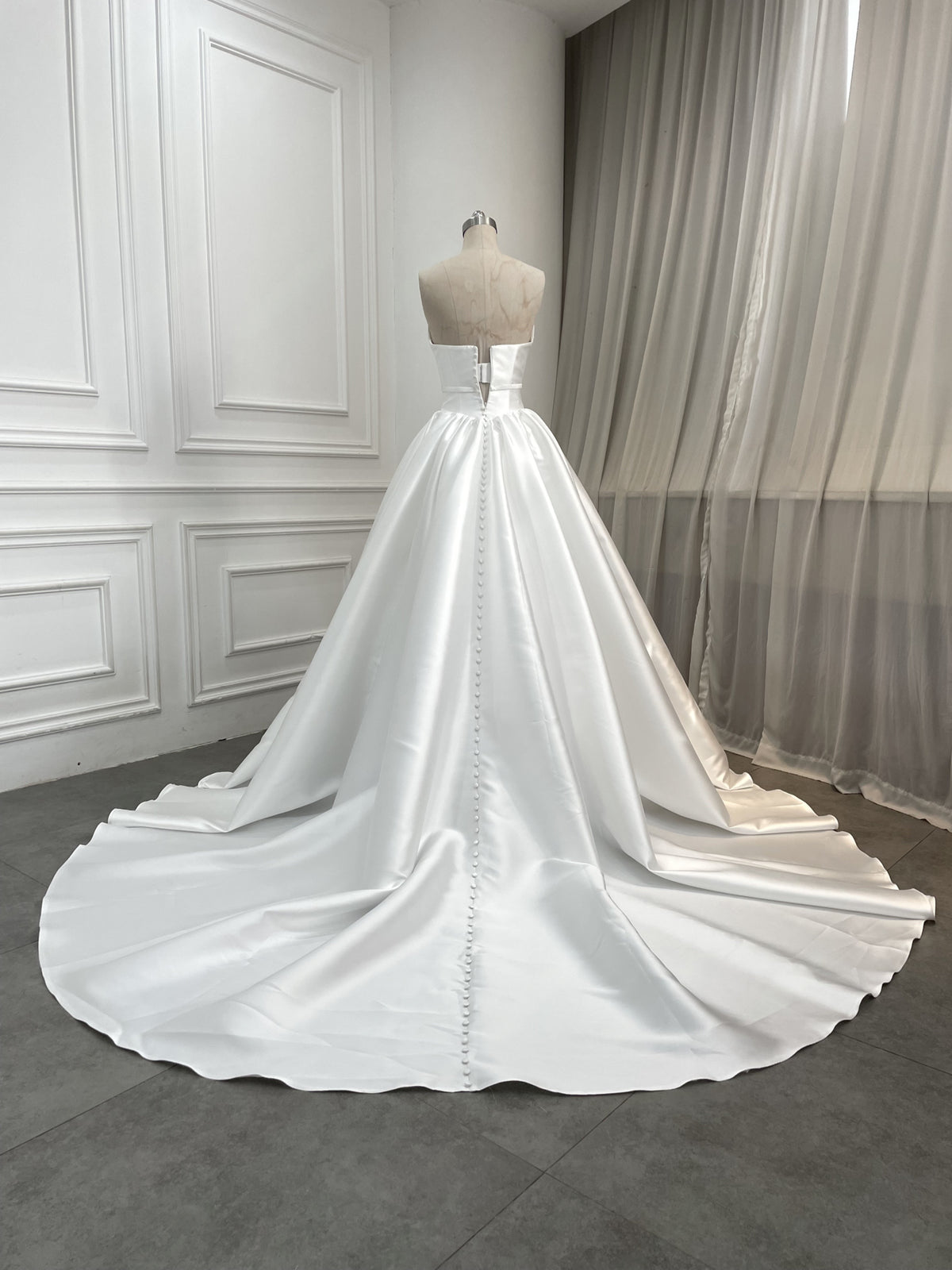 Aquamarine satin ball gown, back
