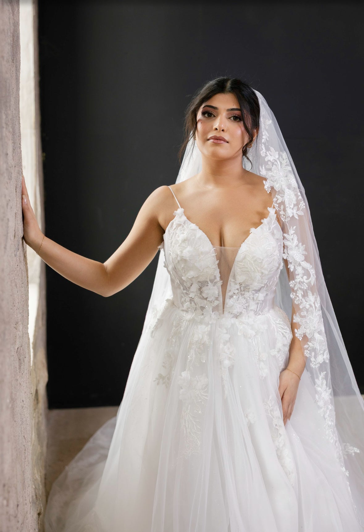Halo V-neck A-line tulle wedding dress with 3D floral appliqué