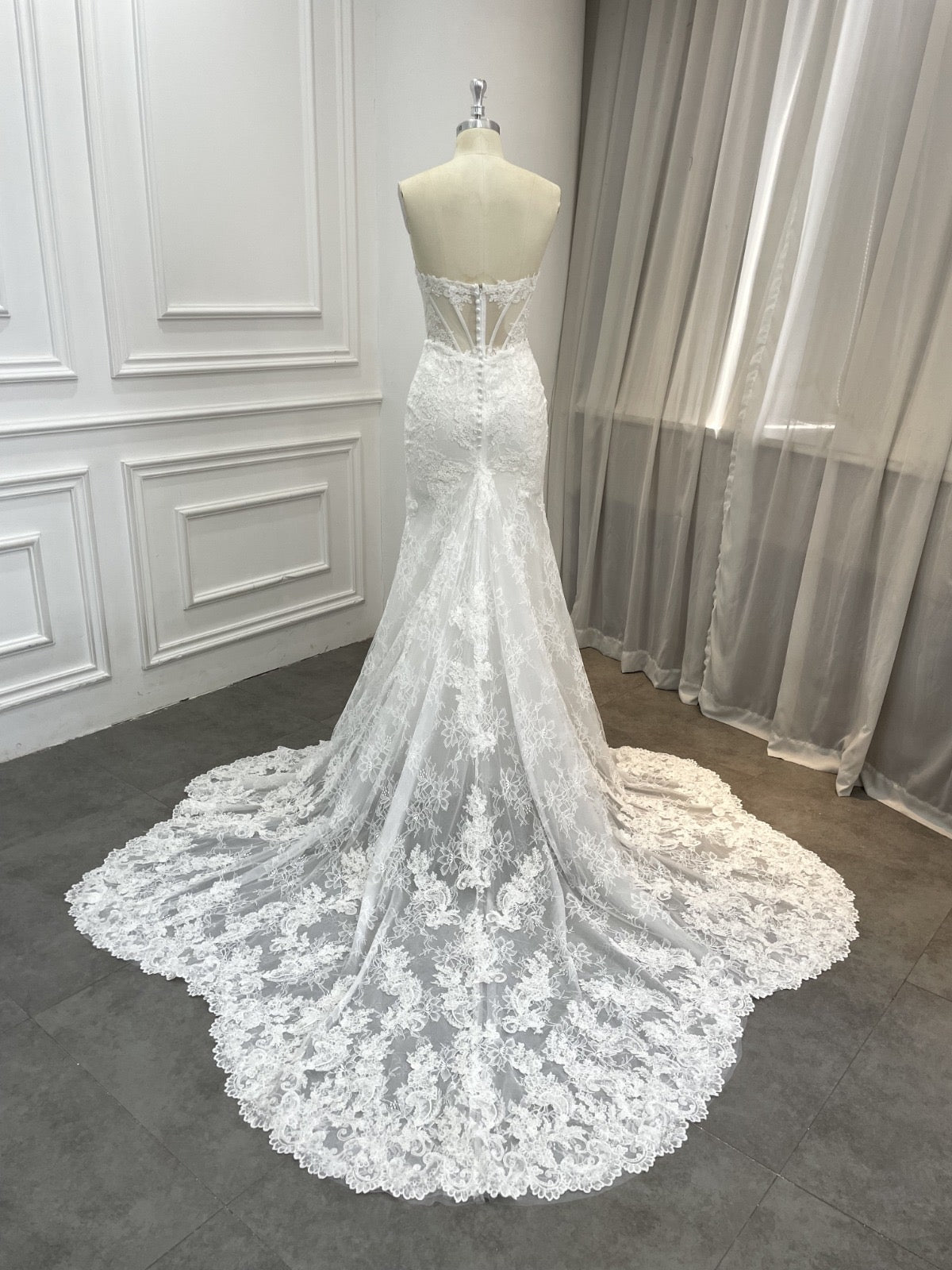 Lapis crepe mermaid wedding dress with lace train, back