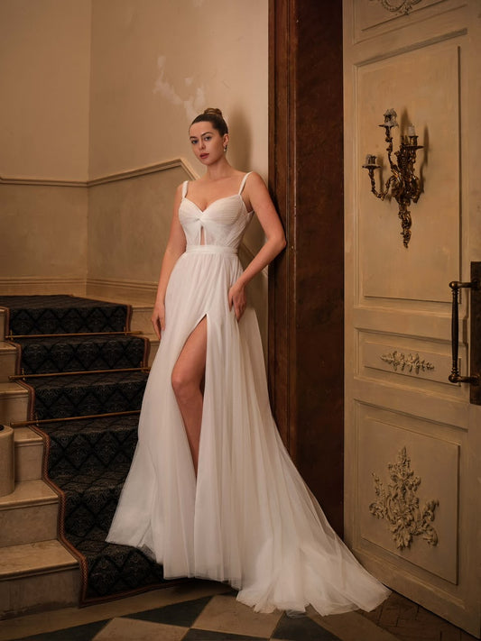 Grace tulle A-line wedding dress with leg slit, front