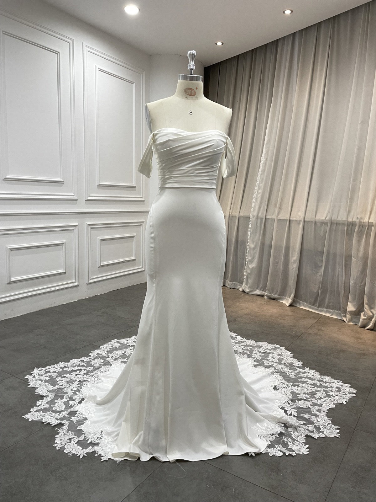 Lapis off-the-shoulder crepe mermaid wedding dress with lace train, front