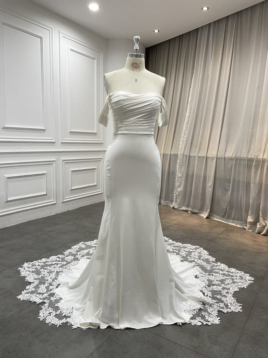 Lapis off-the-shoulder crepe mermaid wedding dress with lace train, front