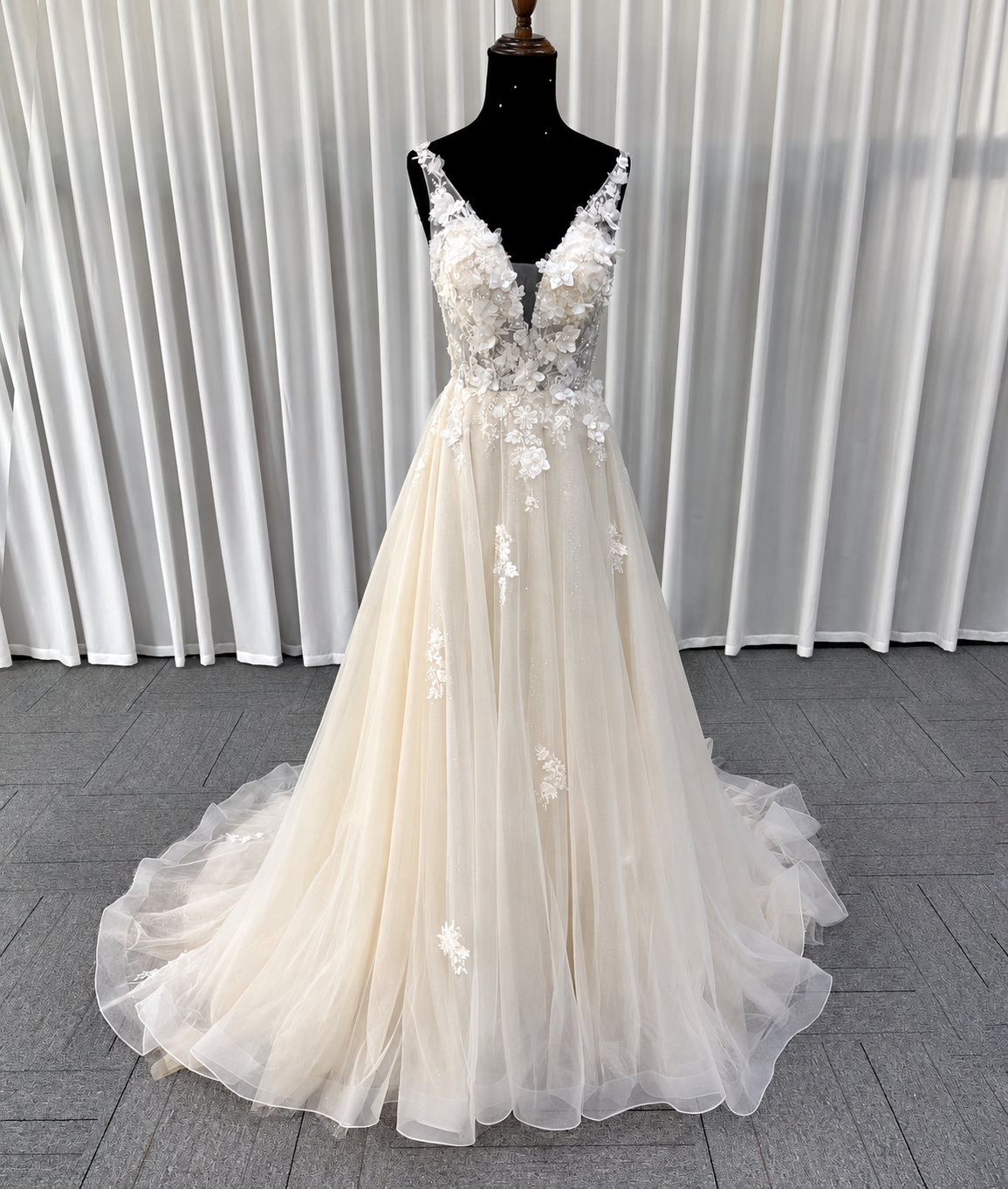 Naia V-neck A-line wedding dress with 3D florals, front