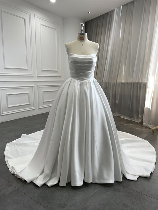 Onyx strapless draped satin ball gown, front