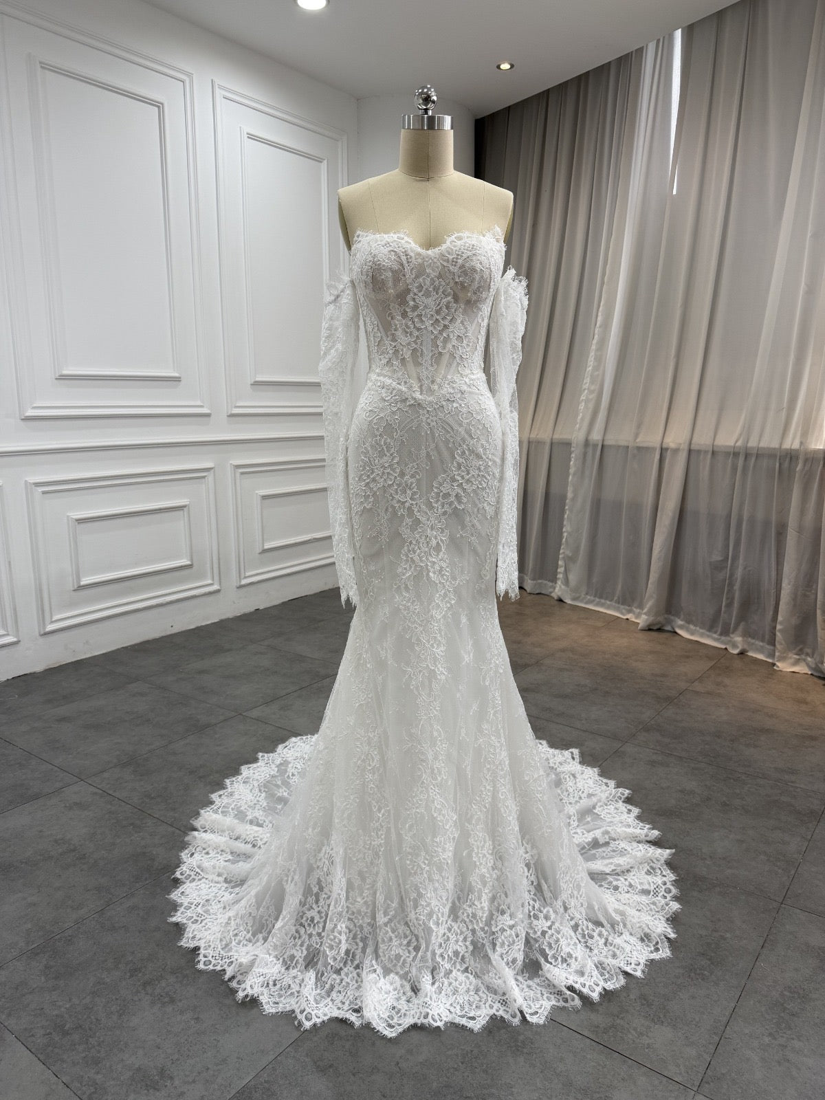 Zaria lace mermaid wedding dress with detachable sleeves, front