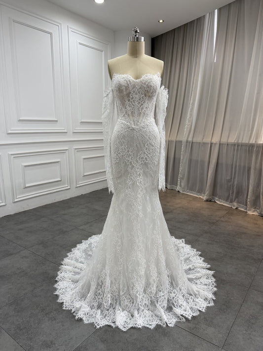 Zaria lace mermaid wedding dress with detachable sleeves, front